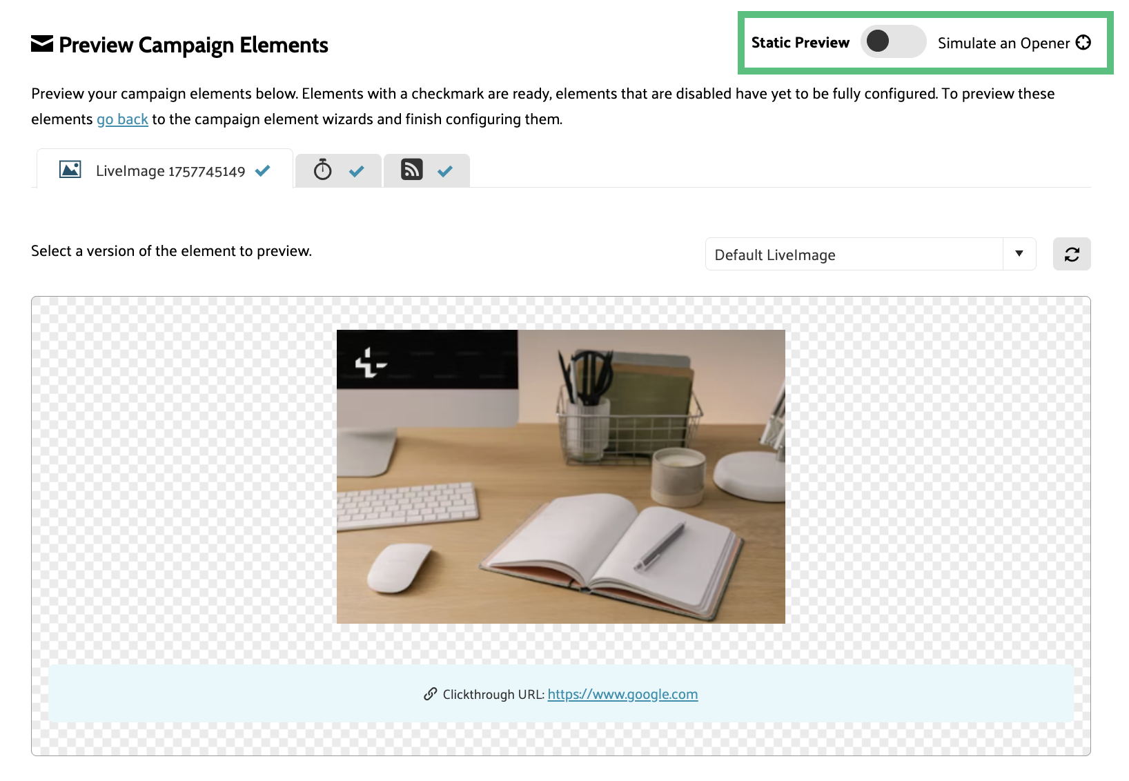 The Preview screen with the Simulate an Opener option highlighted